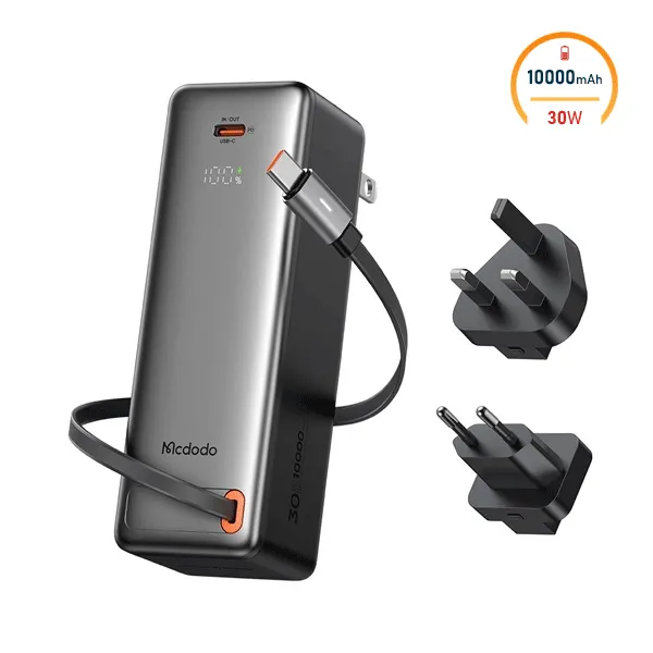 پاوربانک و آداپتور 10000 مک دودو Mcdodo MC-3181 توان 30 وات با کابل متصل و دوشاخه قابل تعویض