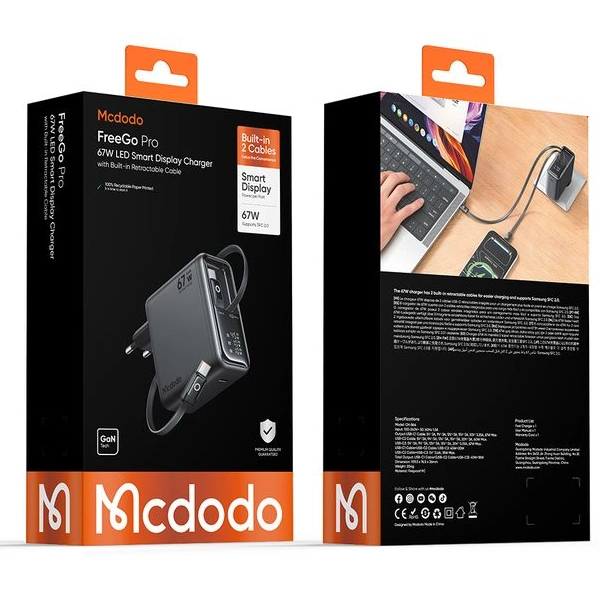 شارژر دیواری مک دودو Mcdodo CH-8640 توان 67 وات با 2 کابل جمعشونده