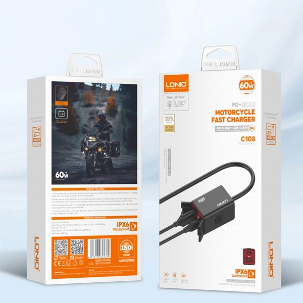 شارژر موبایل موتورسیکلت الدینیو LDNIO C108 همراه با کابل تایپ سی