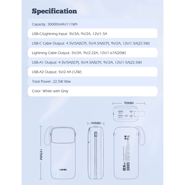 پاوربانک 30000 الدینیو LDNIO PQ30 توان 22.5 وات همراه با کابل متصل