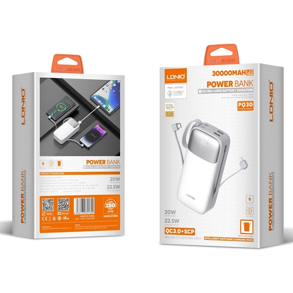 پاوربانک 30000 الدینیو LDNIO PQ30 توان 22.5 وات همراه با کابل متصل