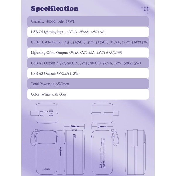 پاوربانک 50000 الدینیو LDNIO PQ50 توان 22.5 وات با کابل متصل