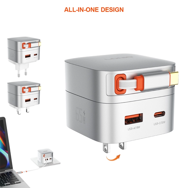 شارژر دیواری الدینیو LDNIO Q10 توان 65 وات با کابل جمعشونده