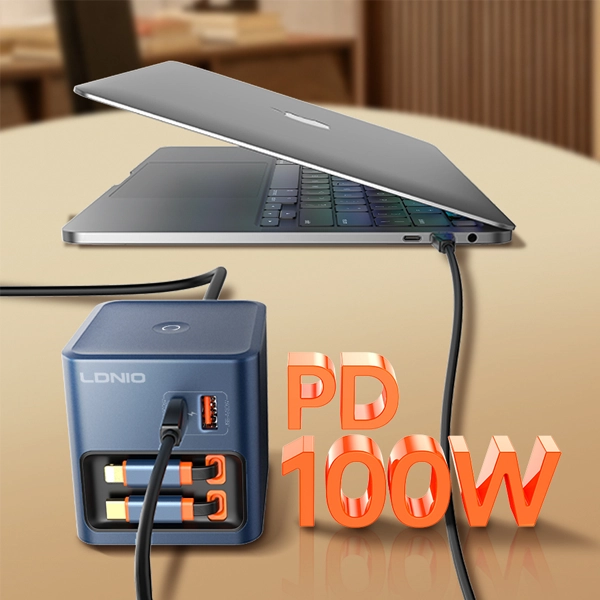 شارژر رومیزی الدینیو LDNIO Q16 توان 100 وات با دو کابل جمعشونده